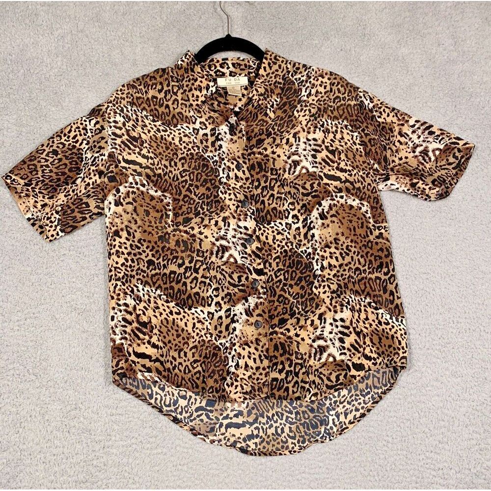 FU DA Fine Silk Animal‎ Print Button Up Collared Shirt Blouse Petite Small
